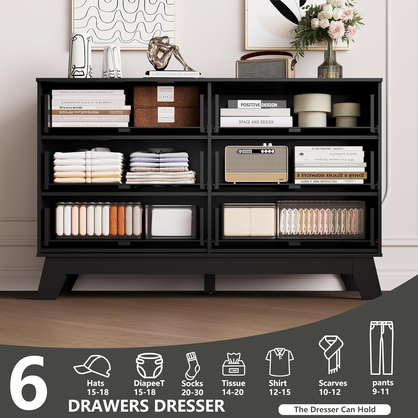 6 Drawer Dresser In Natural Wood With Fluted Front And Gold Handles
