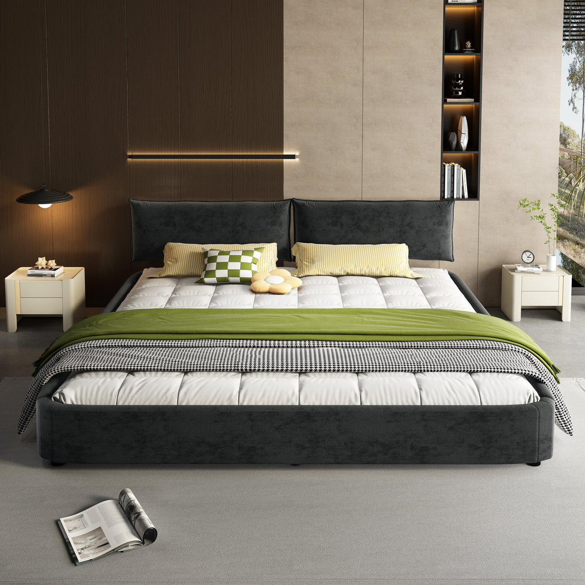 King Size Cloud Bed Frame with Oversized Padded Movable Headboard