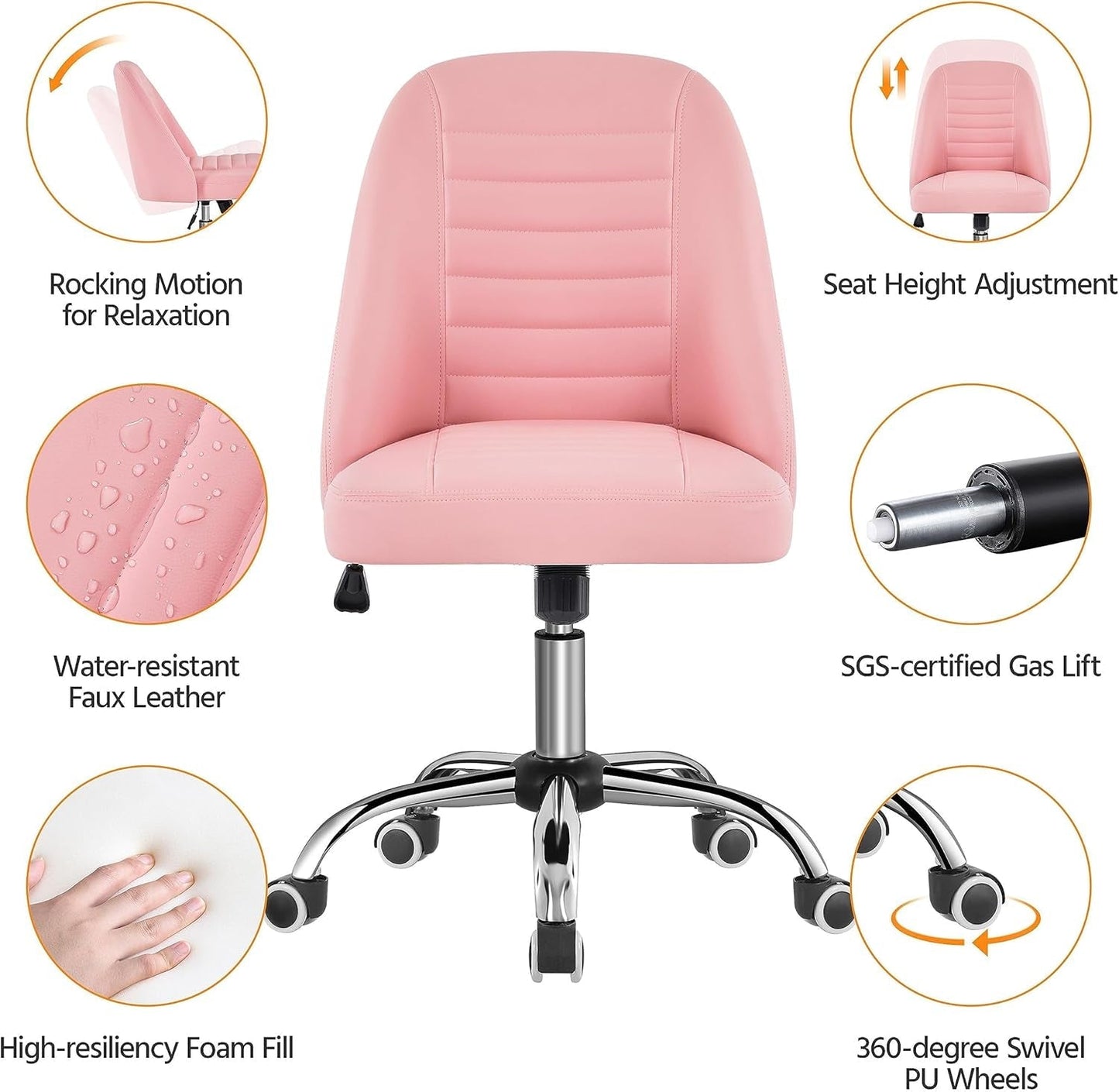 Pink PU Leather Armless Office Chair With Rolling Wheels