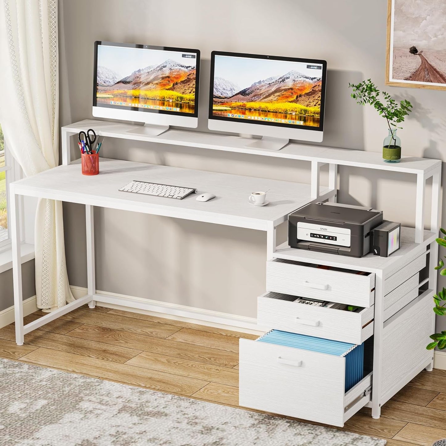 White Computer Desk With File Cabinet And Monitor Stand