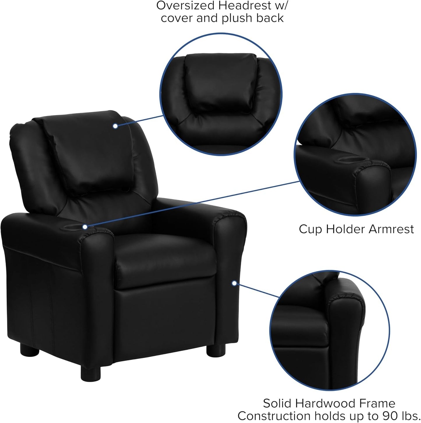 Kids Leathersoft Recliner With Cup Holder And Safety Recline Black