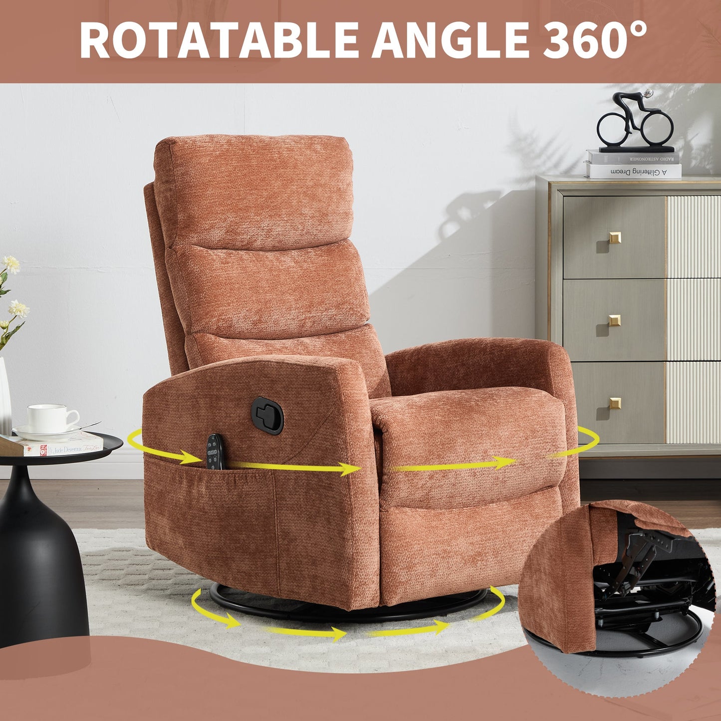 Heat Massage Manual Recliner Chair with Rocker and Swivel in Fabric for Living Room, Orange