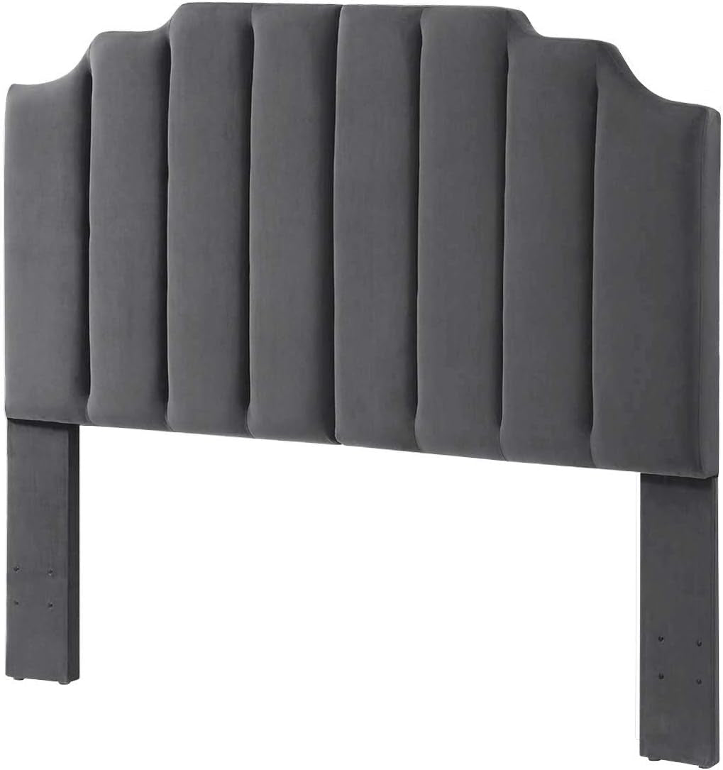 Dark Gray Velvet Tufted Queen Headboard with Curved Design