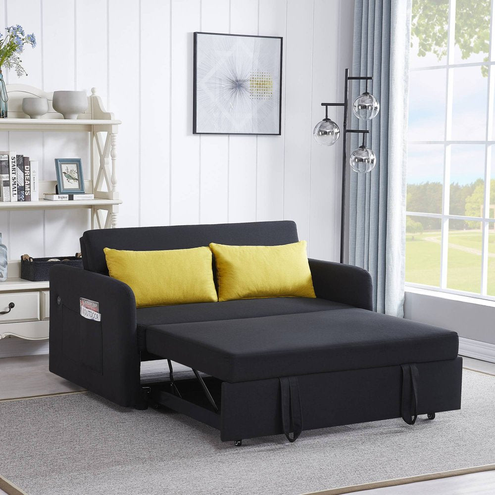Black Convertible Loveseat With Pull Out Bed For Small Spaces