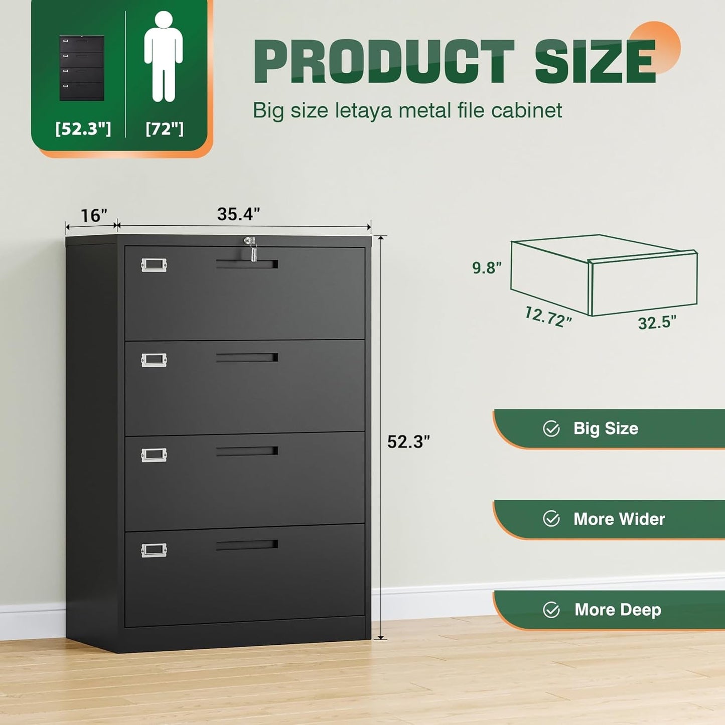 4 Drawer Metal Lateral File Cabinet With Lock For Office