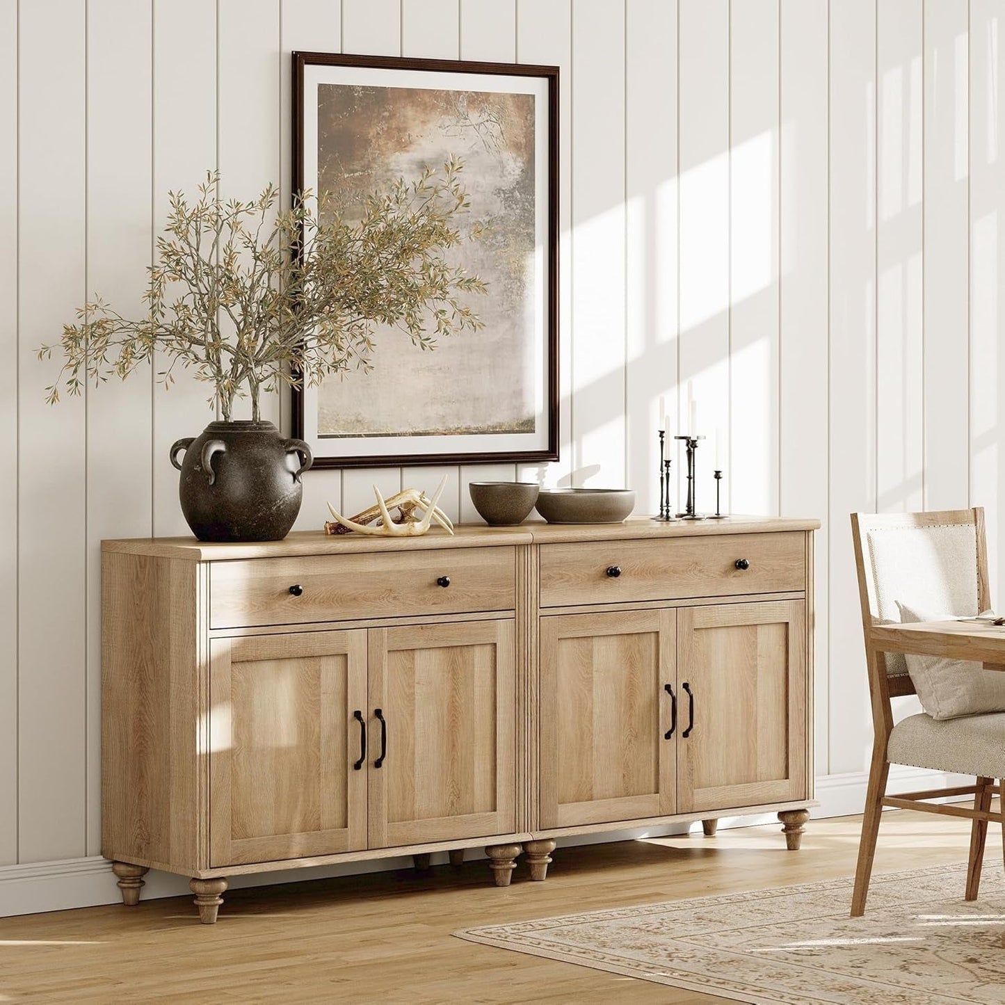 Oak Buffet Cabinet 68 Inch With 4 Doors And 2 Drawers styled in a modern farmhouse interior with decorations.
