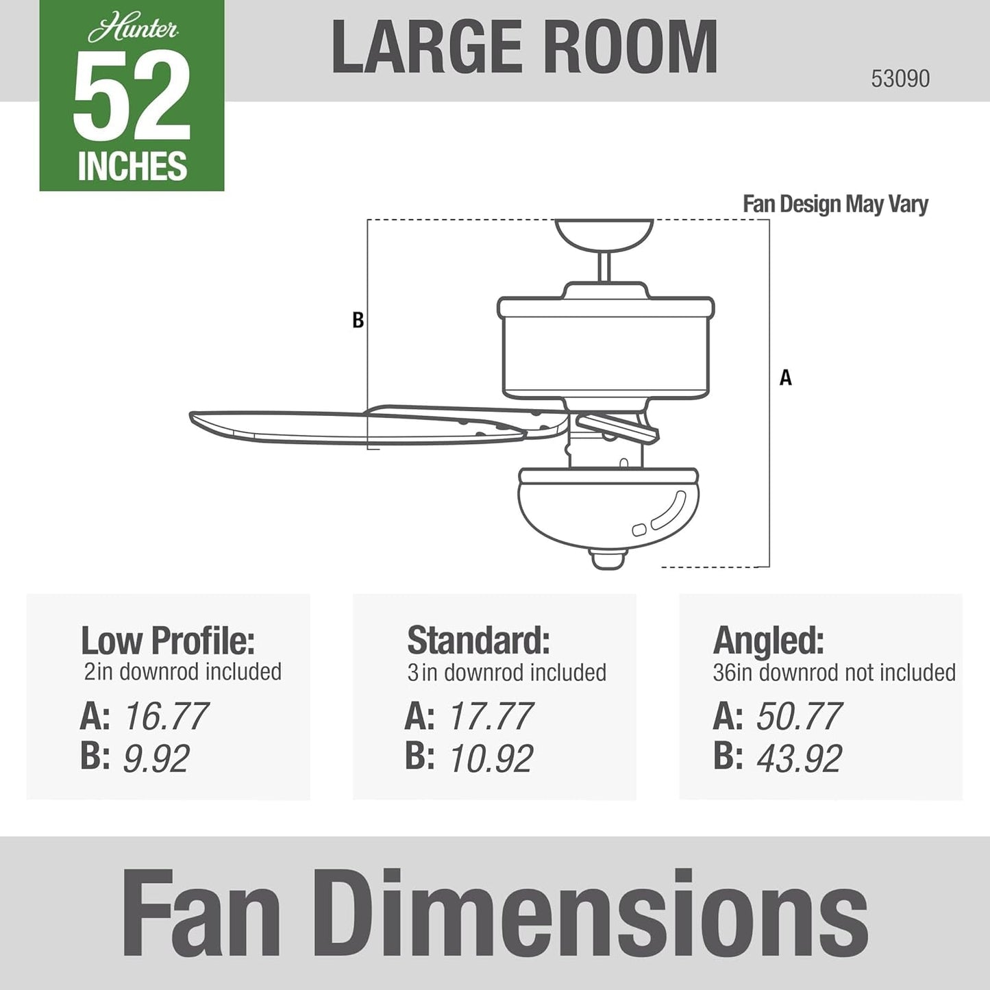 Builder Deluxe 52 Inch Brushed Nickel Indoor Ceiling Fan dimensions for large rooms with low profile, standard, and angled measurements.
