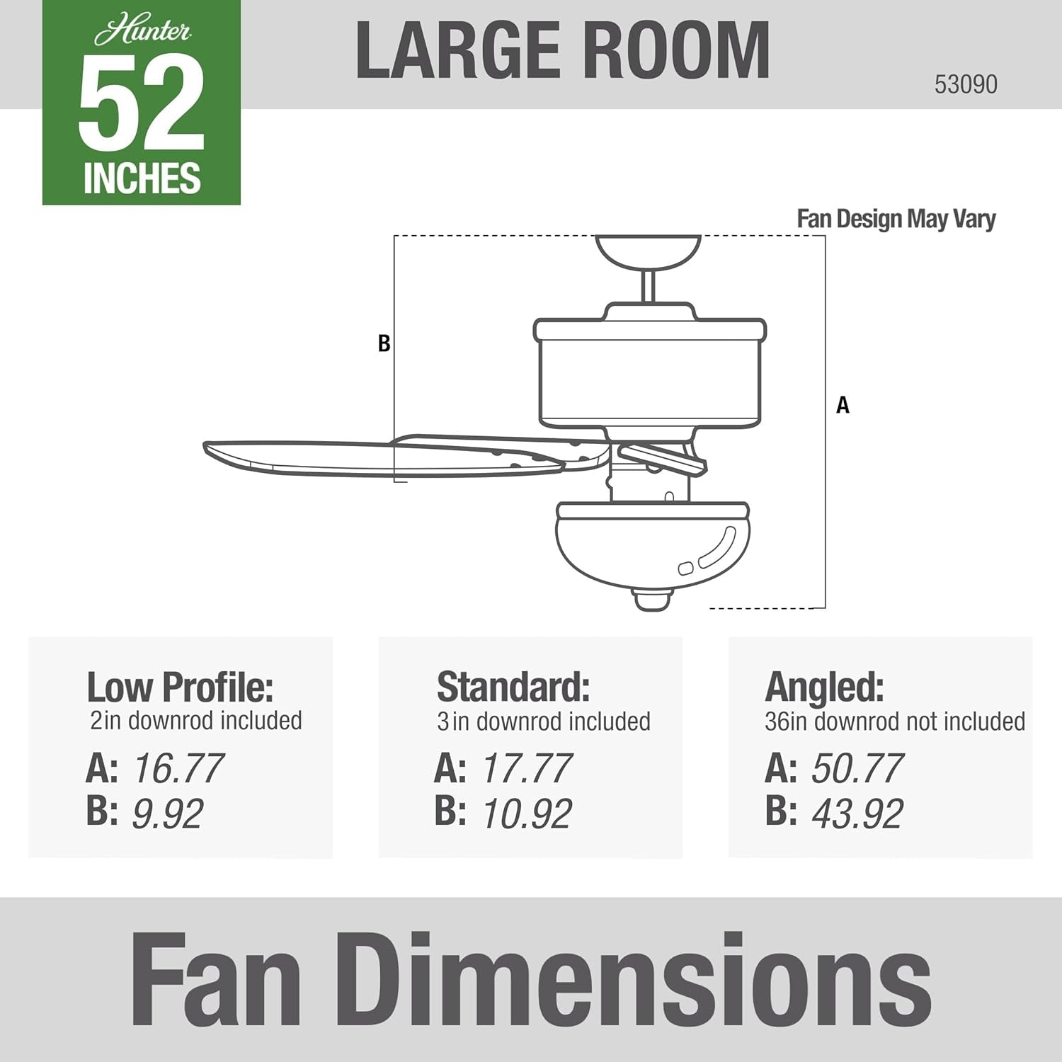 Builder Deluxe 52 Inch Brushed Nickel Indoor Ceiling Fan dimensions for large rooms with low profile, standard, and angled measurements.