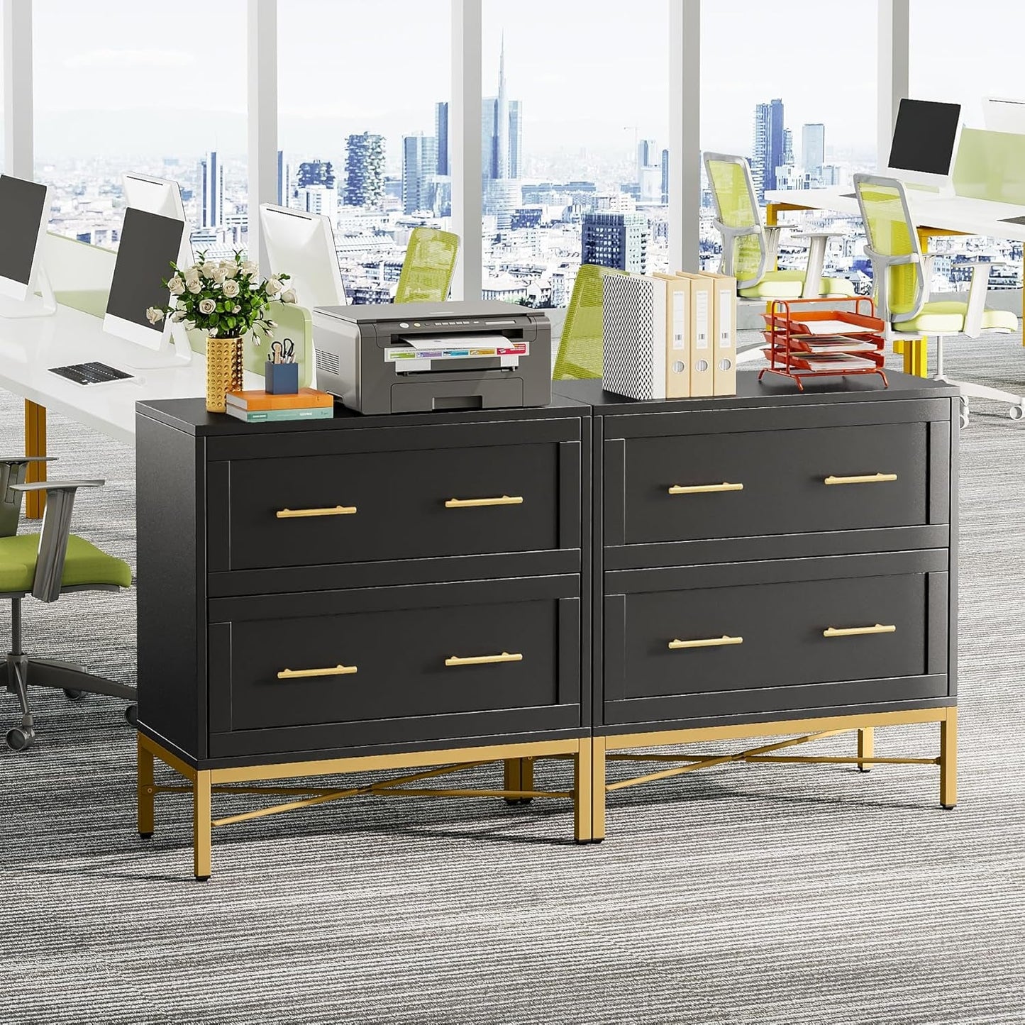 Black Gold 2 Drawer Lateral File Cabinet For Home Office