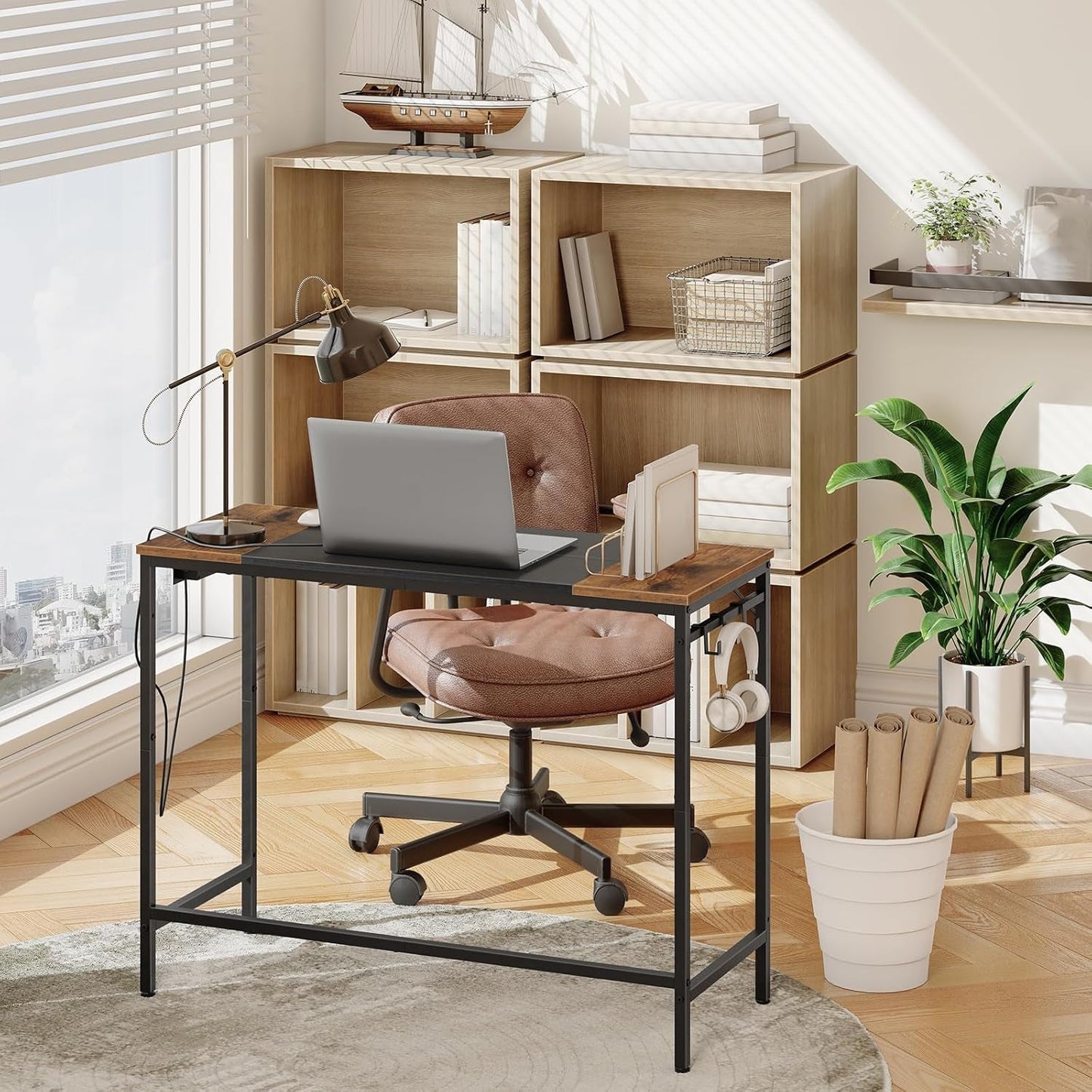 Computer Desk With Power Outlets In Rustic Brown And Black