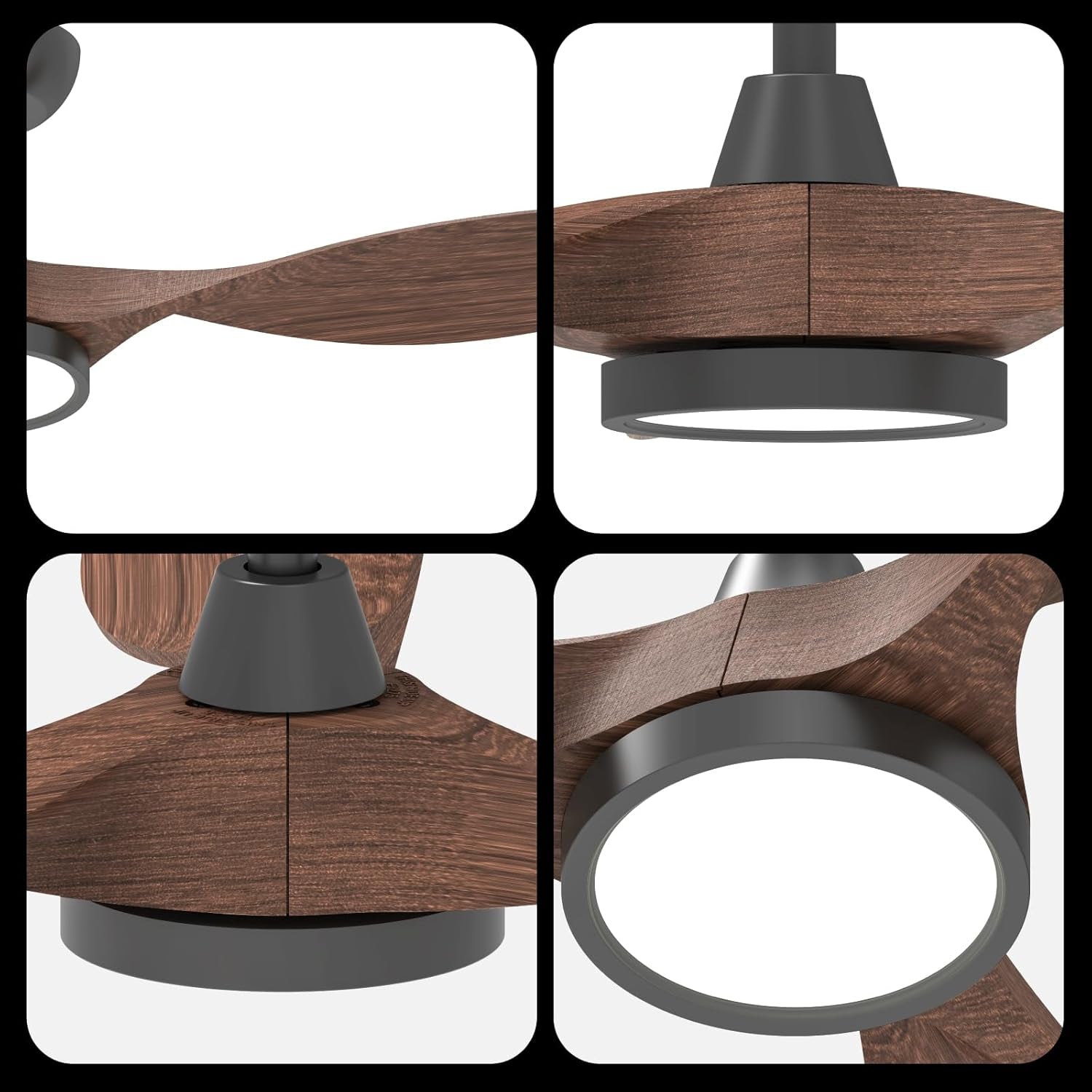 52 Inch Black Ceiling Fan With Lights And Remote Control close-up showing dark woodgrain blades and integrated LED light.