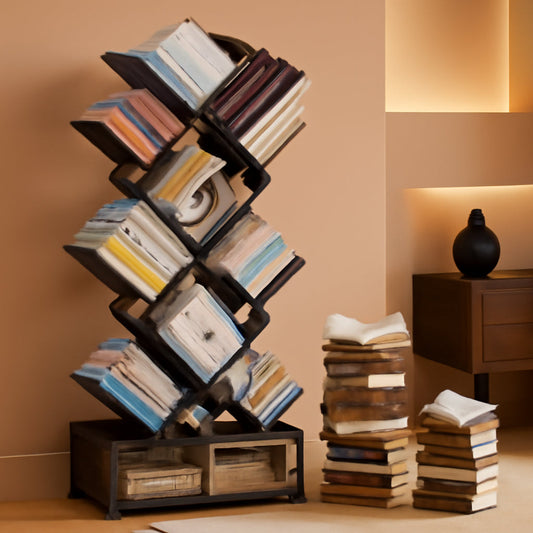 Folding Bookshelf 9 Tier Tree Design With Storage Cabinet