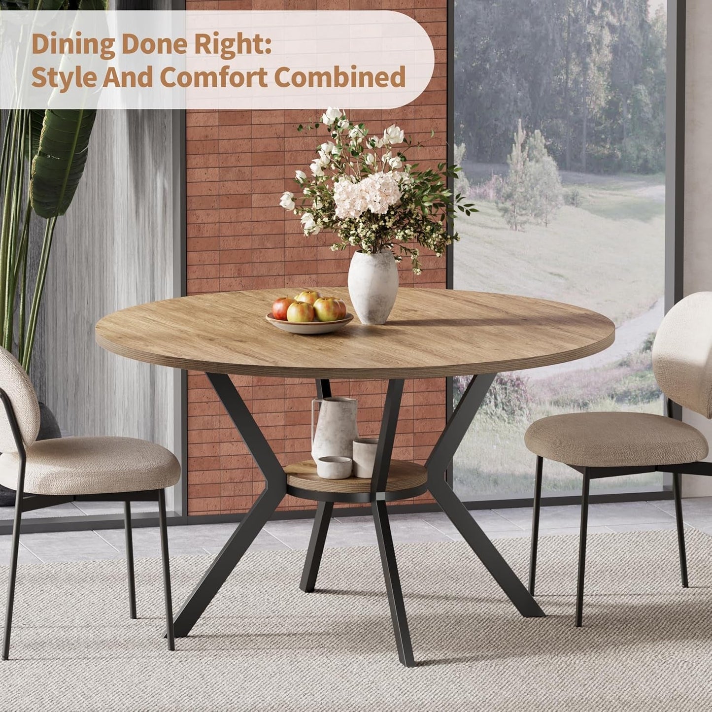 42 Inch Round Farmhouse Dining Table With Compact Storage