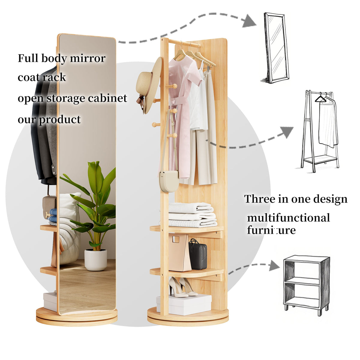 Multifunctional 360° Rotating Full Length Mirror with Coat Rack