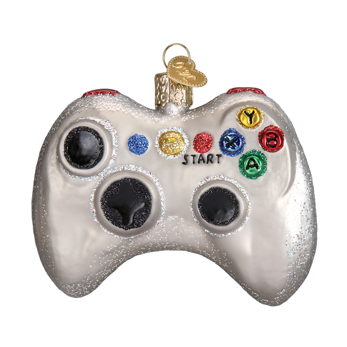 Glass ornament shaped like a video game controller with colorful buttons on a white background