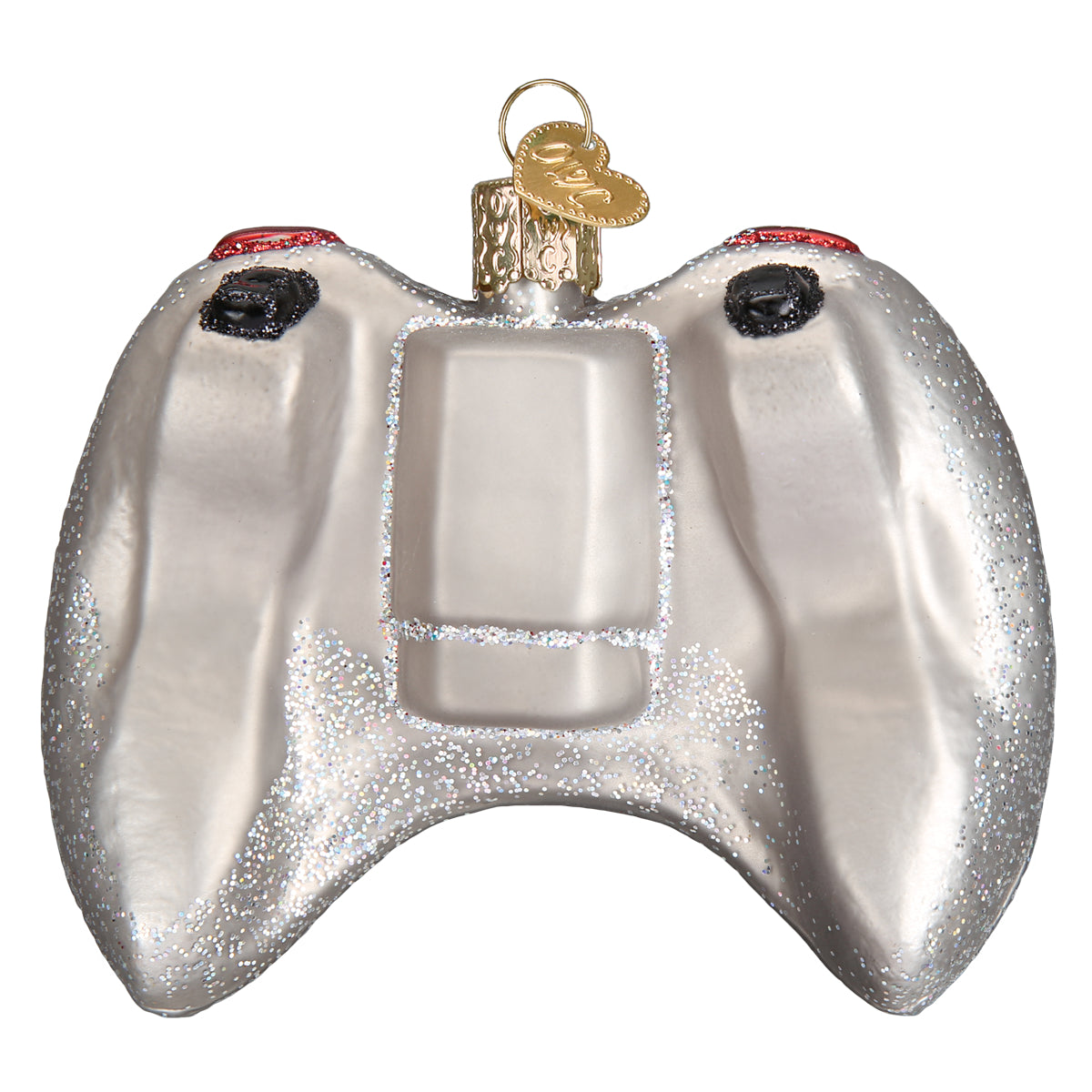 Glass ornament shaped like a video game controller on a white background