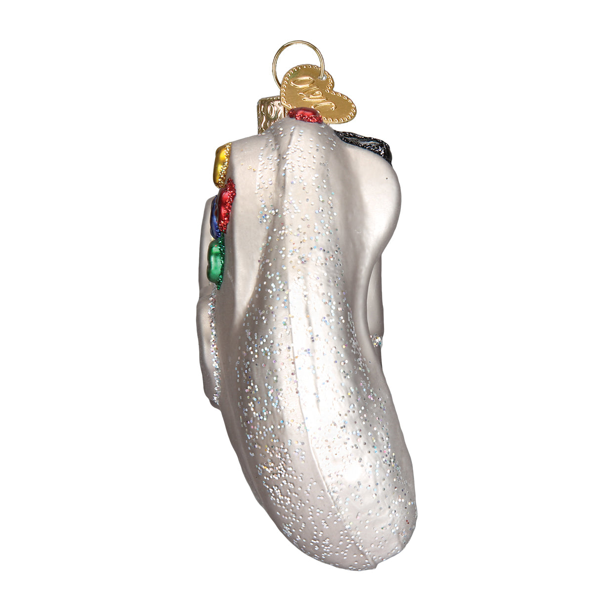 Decorative glass ornament shaped like a video game controller with colorful accents on a white background