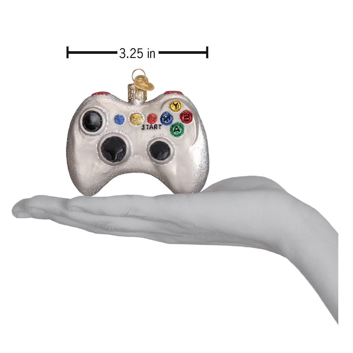 Decorative ornament shaped like a video game controller with measurement label on a white background