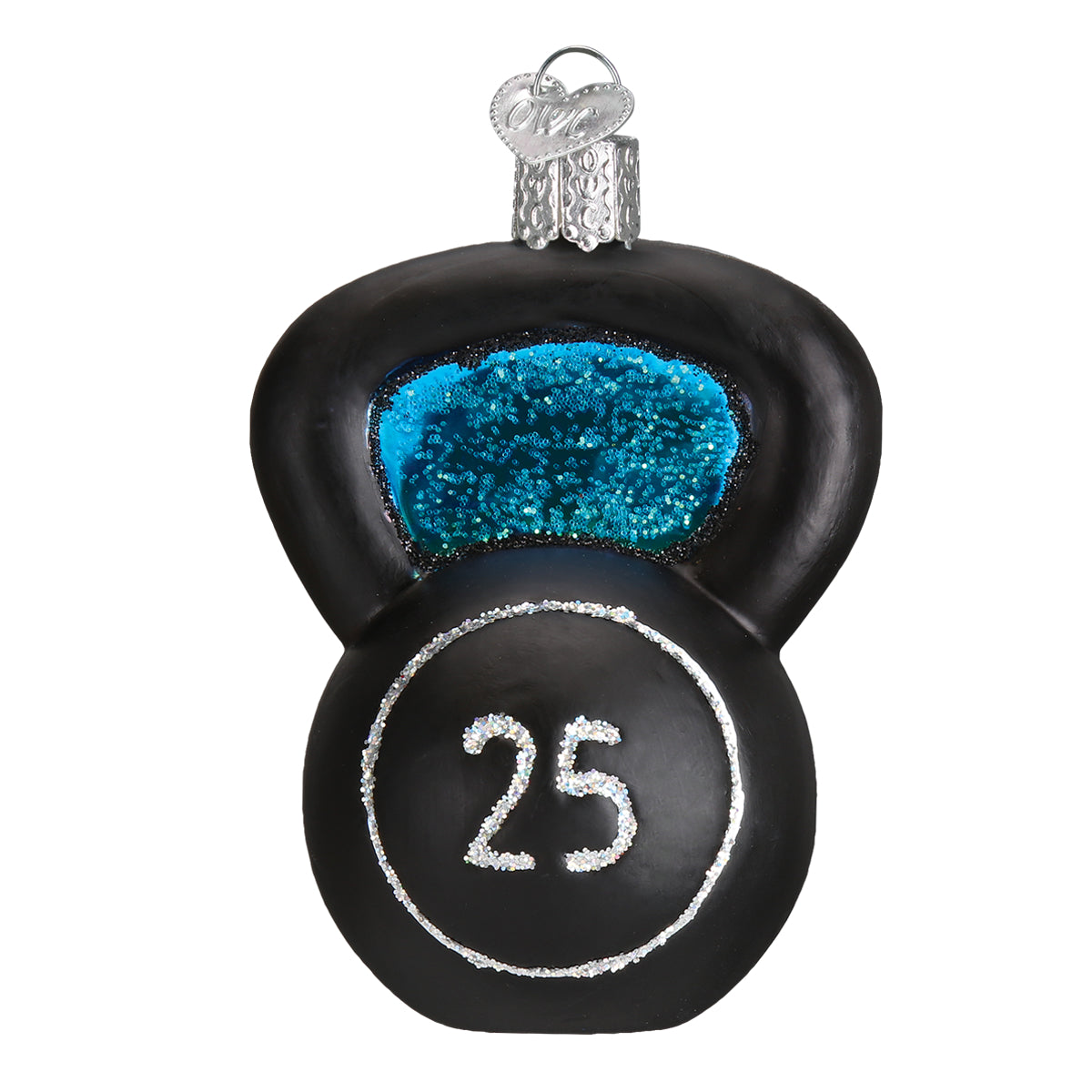 Decorative kettlebell ornament with blue glitter and number 25 on a white background