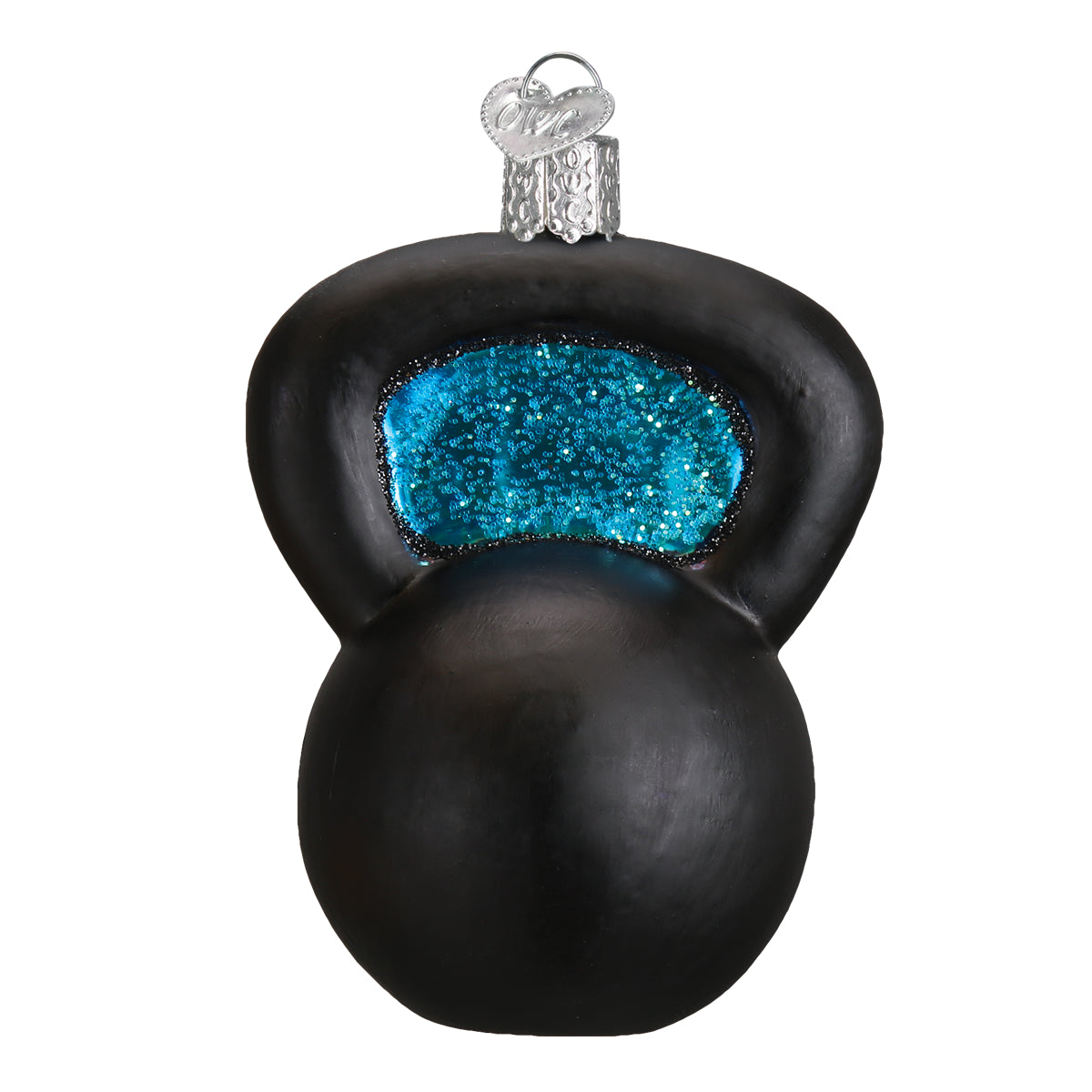 Black kettlebell-shaped ornament with blue glittery center on a white background