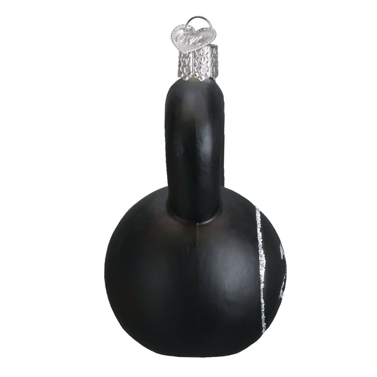 Black kettlebell ornament with a silver chain on a white background