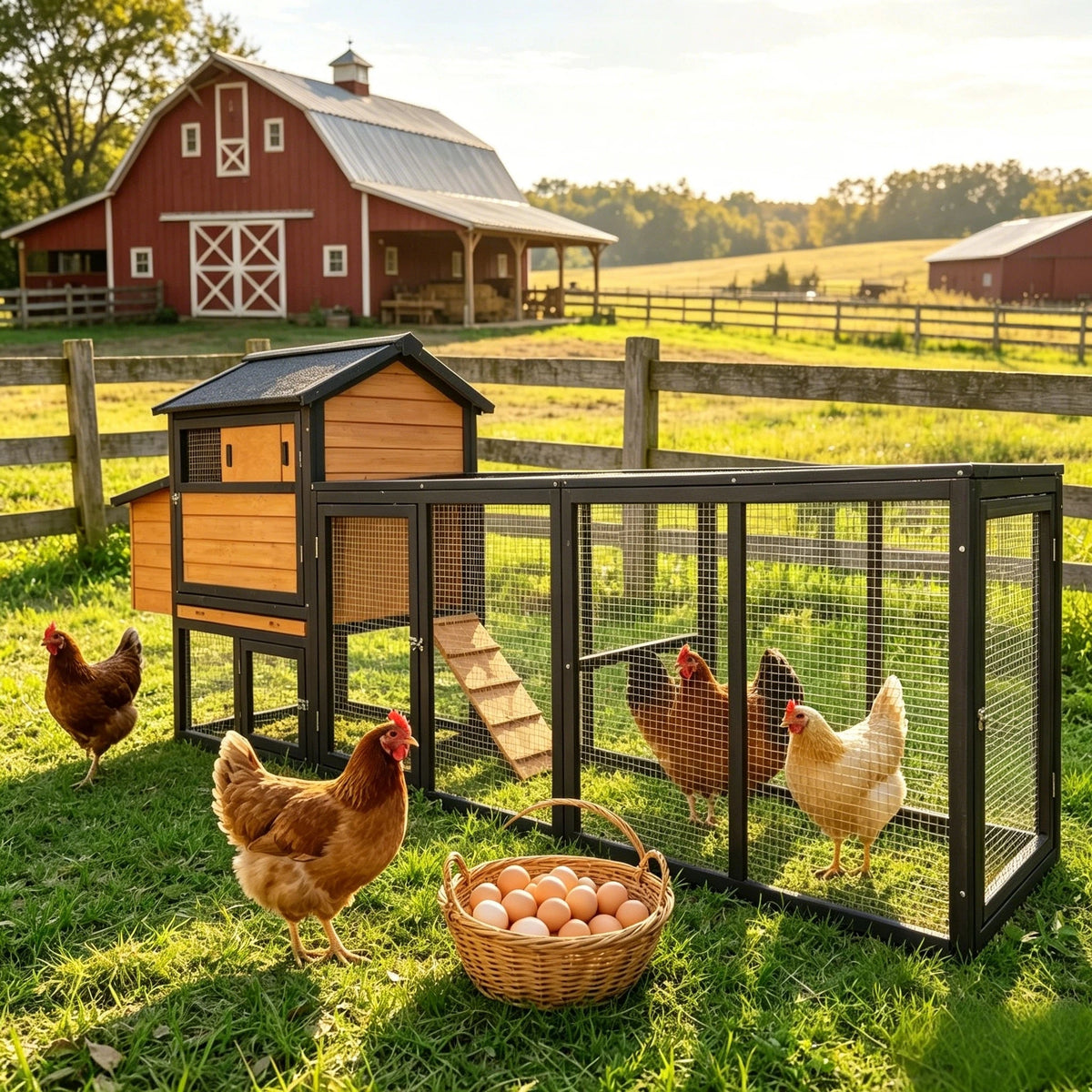 Large Wooden Chicken Coop with Run and Nesting Box
