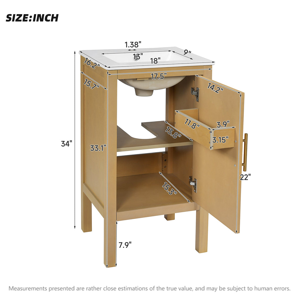 18" Bathroom Cabinet with Storage and Ceramic Sink