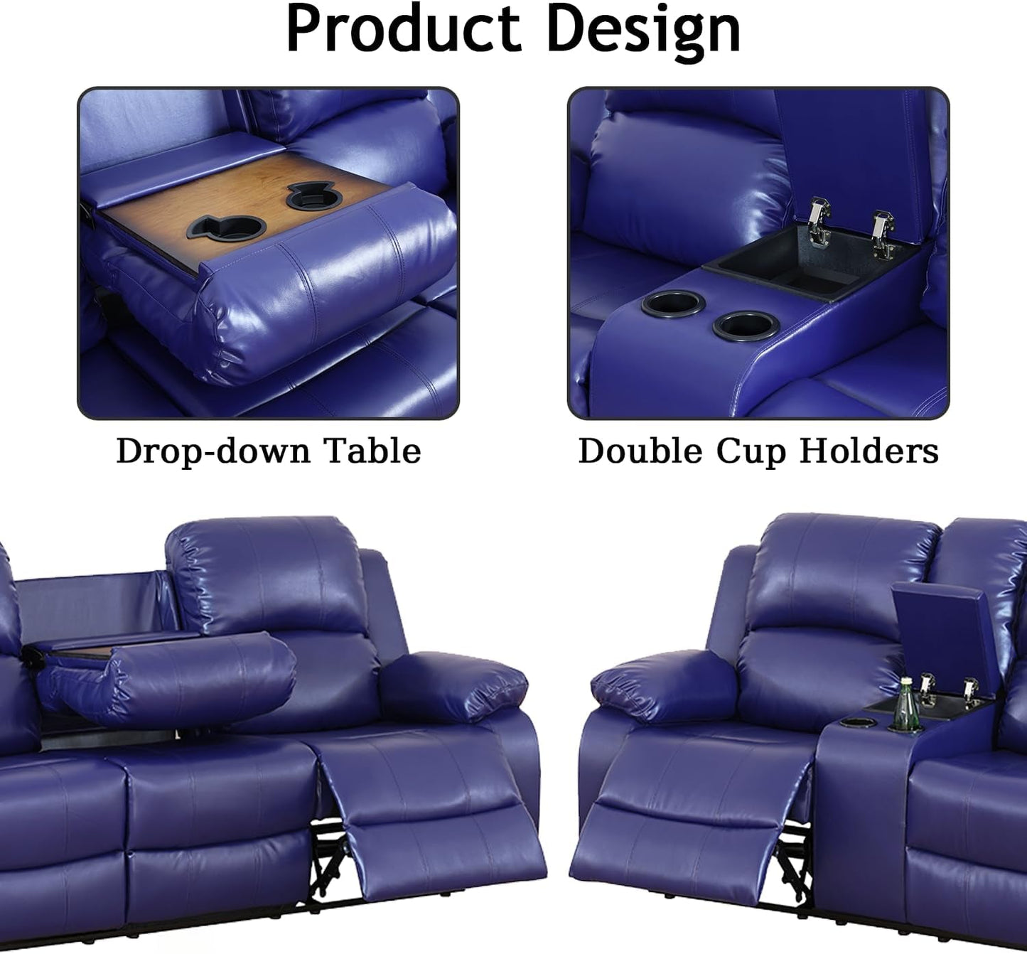 Dark Blue Leather Recliner Sofa Set For Living Room 3 Piece