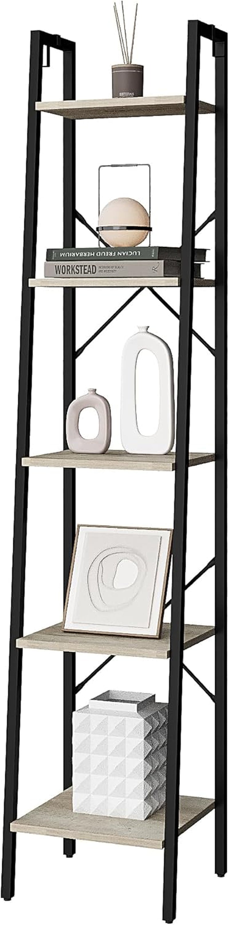 Greige 5 Tier Ladder Shelf Bookcase Freestanding Corner