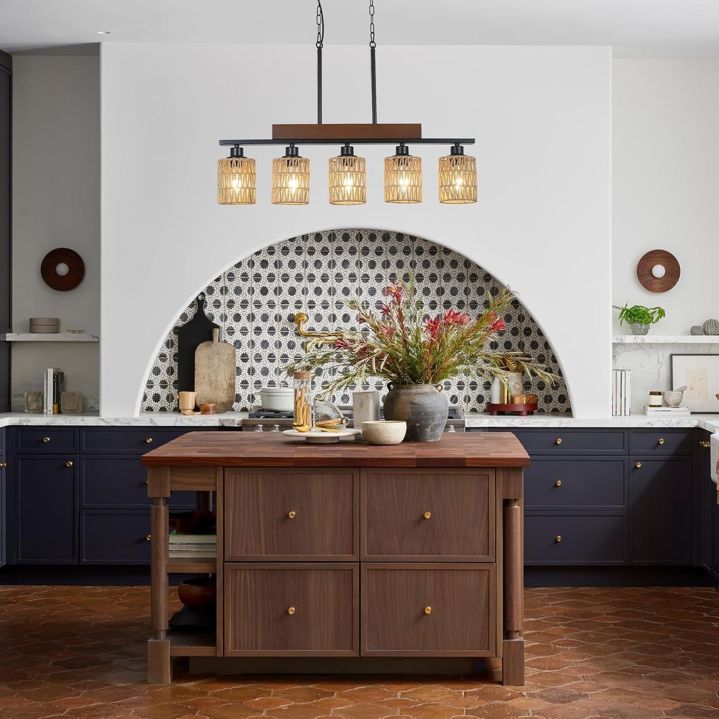 Rattan Farmhouse 5 Light Linear Chandelier Black Lighting featured in a modern kitchen with a rustic island and decorative backsplash.