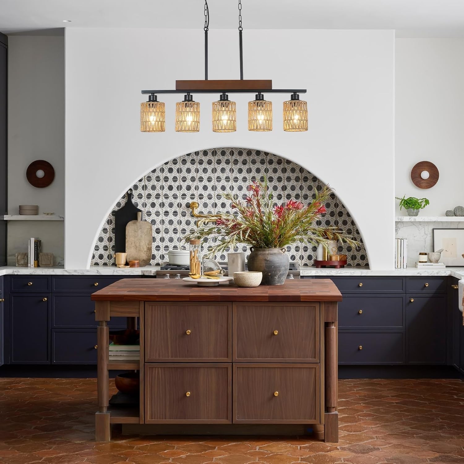 Rattan Farmhouse 5 Light Linear Chandelier Black Lighting featured in a modern kitchen with a rustic island and decorative backsplash.