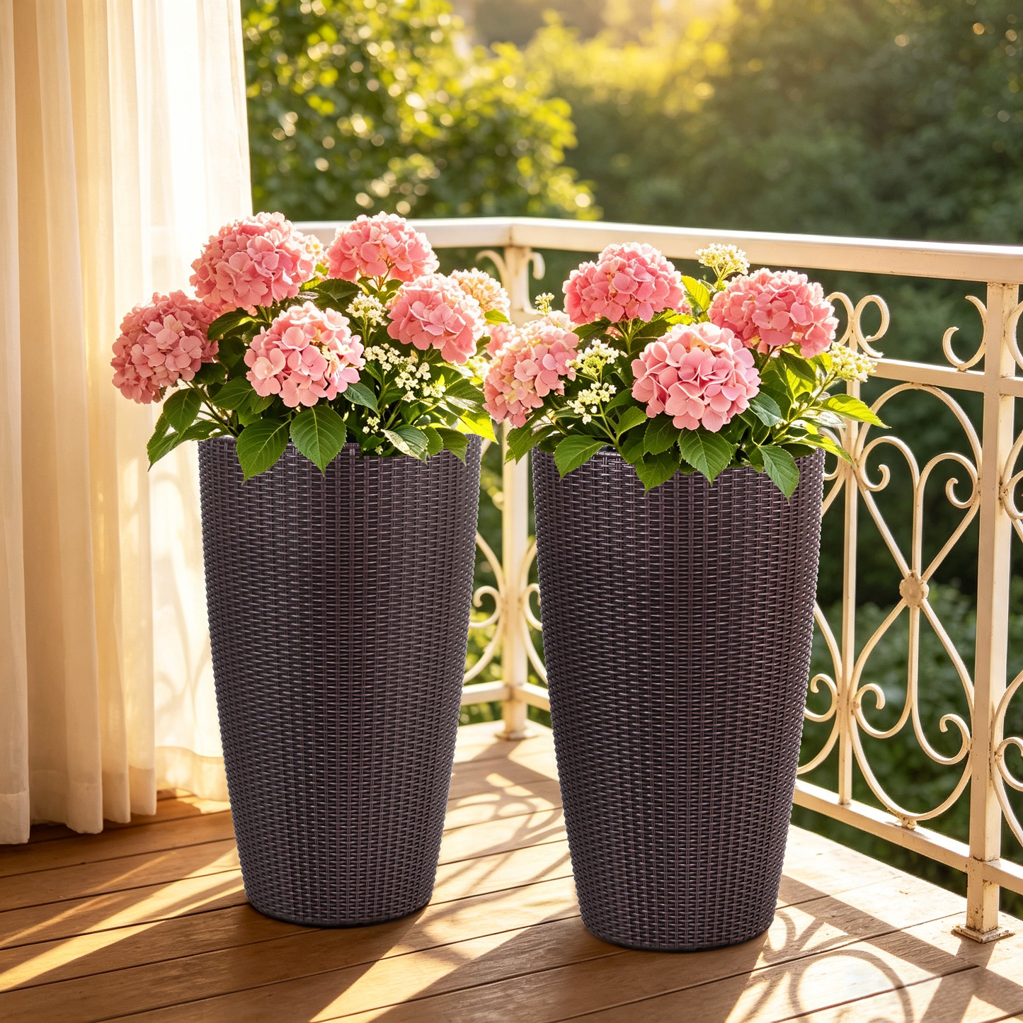 Set of 2 Faux Rattan Tall Planters