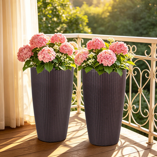 Set of 2 Faux Rattan Tall Planters