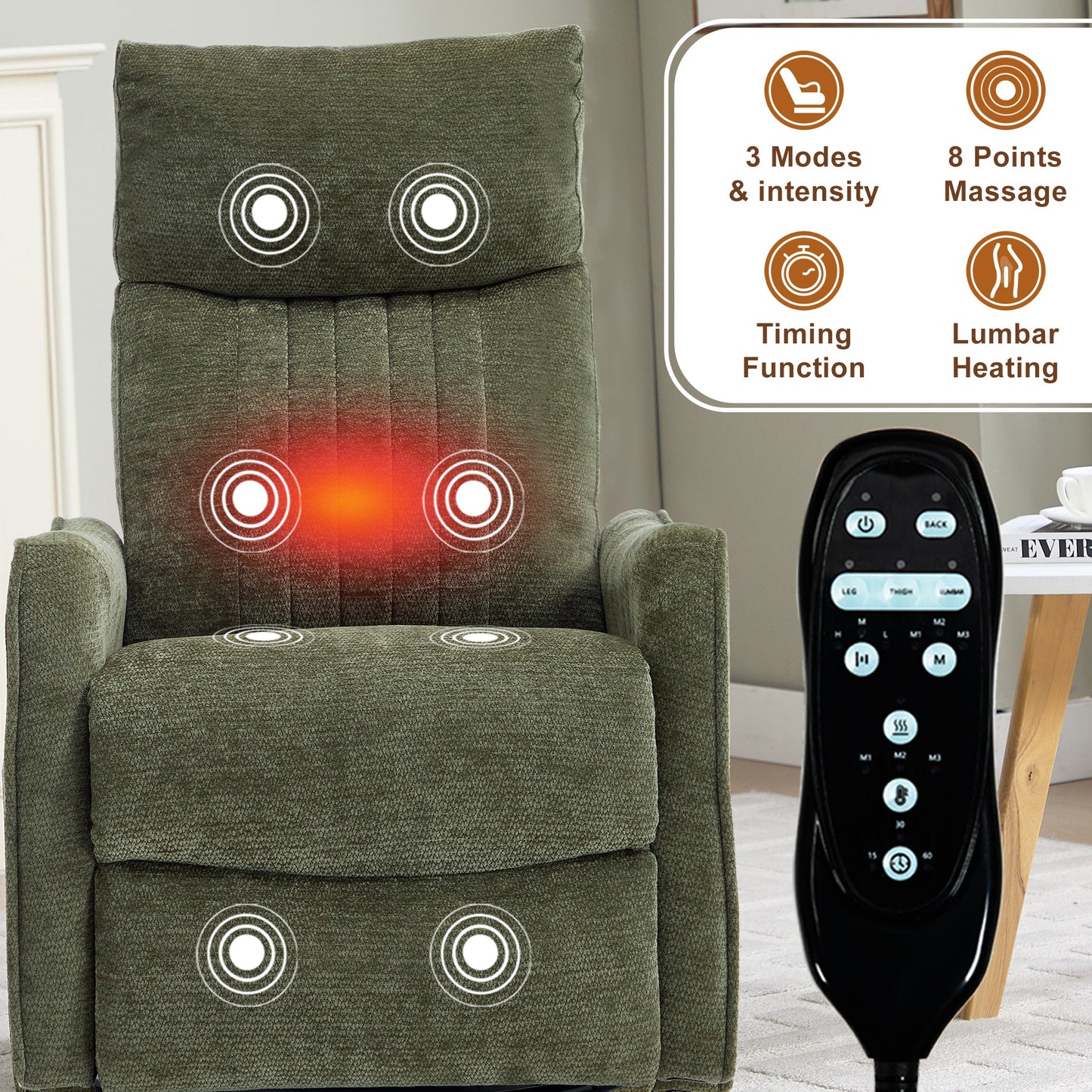 Green Heat Massage Manual Recliner Chair with Rocker and Swivel in Fabric for Living Room