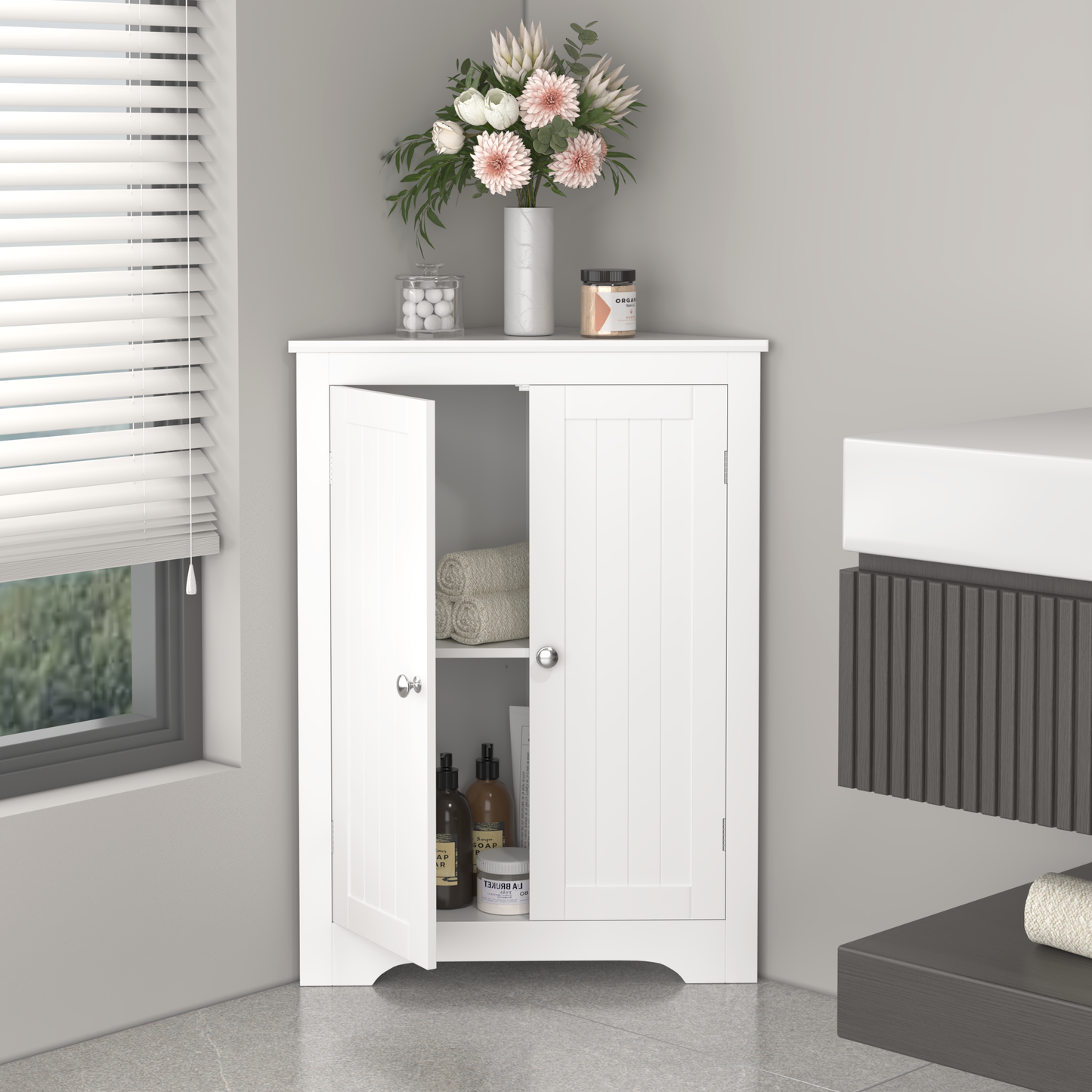 Freestanding Floor Corner Cabinet with 2 Doors and Adjustable Shelves