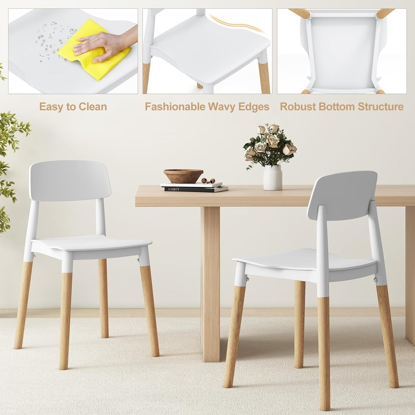 White Wooden Dining Chairs Set of 4 With Ergonomic Backrest