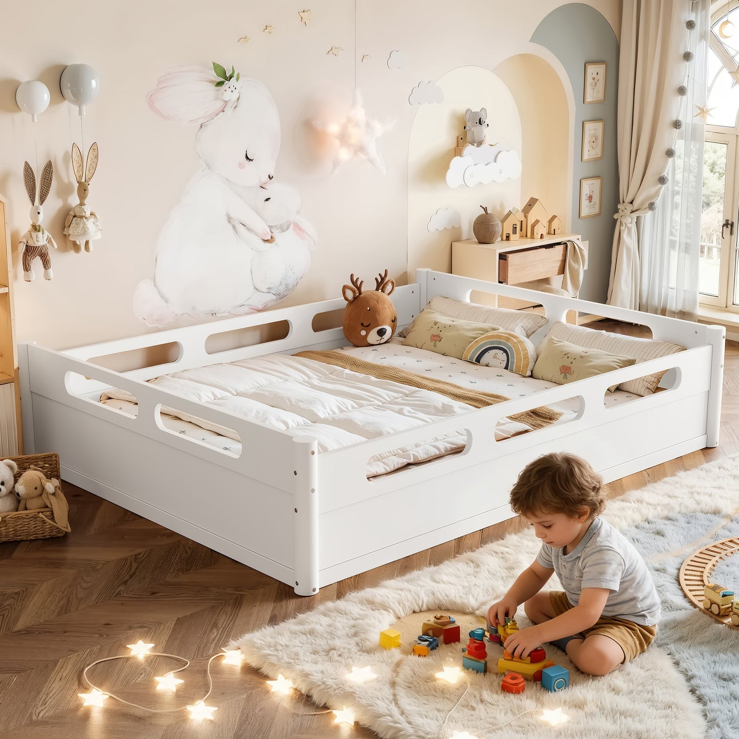Queen Size Floor Platform Bed with Full-length Guardrails