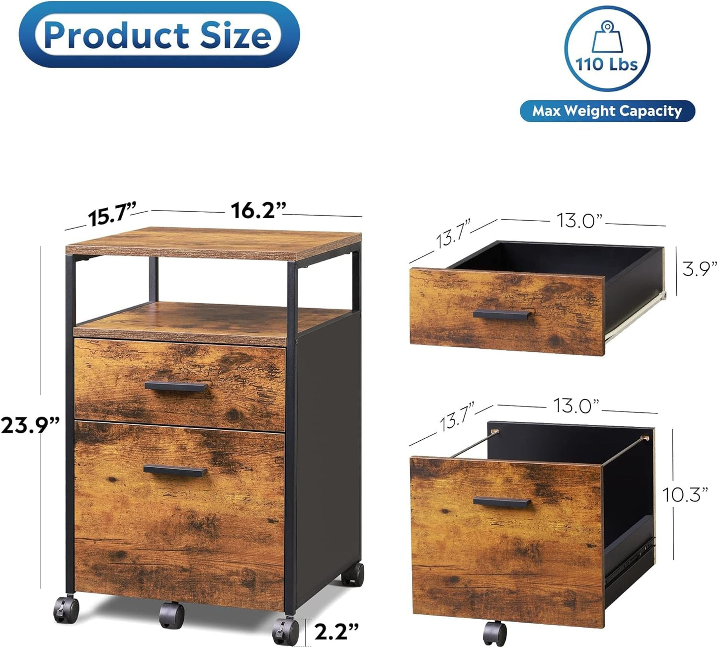 2 Drawer File Cabinet With Mobile Printer Stand Rustic Brown Wood Storage For A4 Or Letter Size Home Office