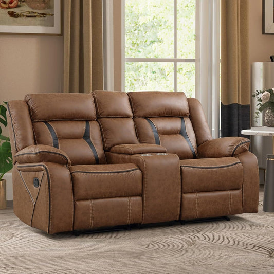 Brown Faux Leather Loveseat Dual Recliners Center Console