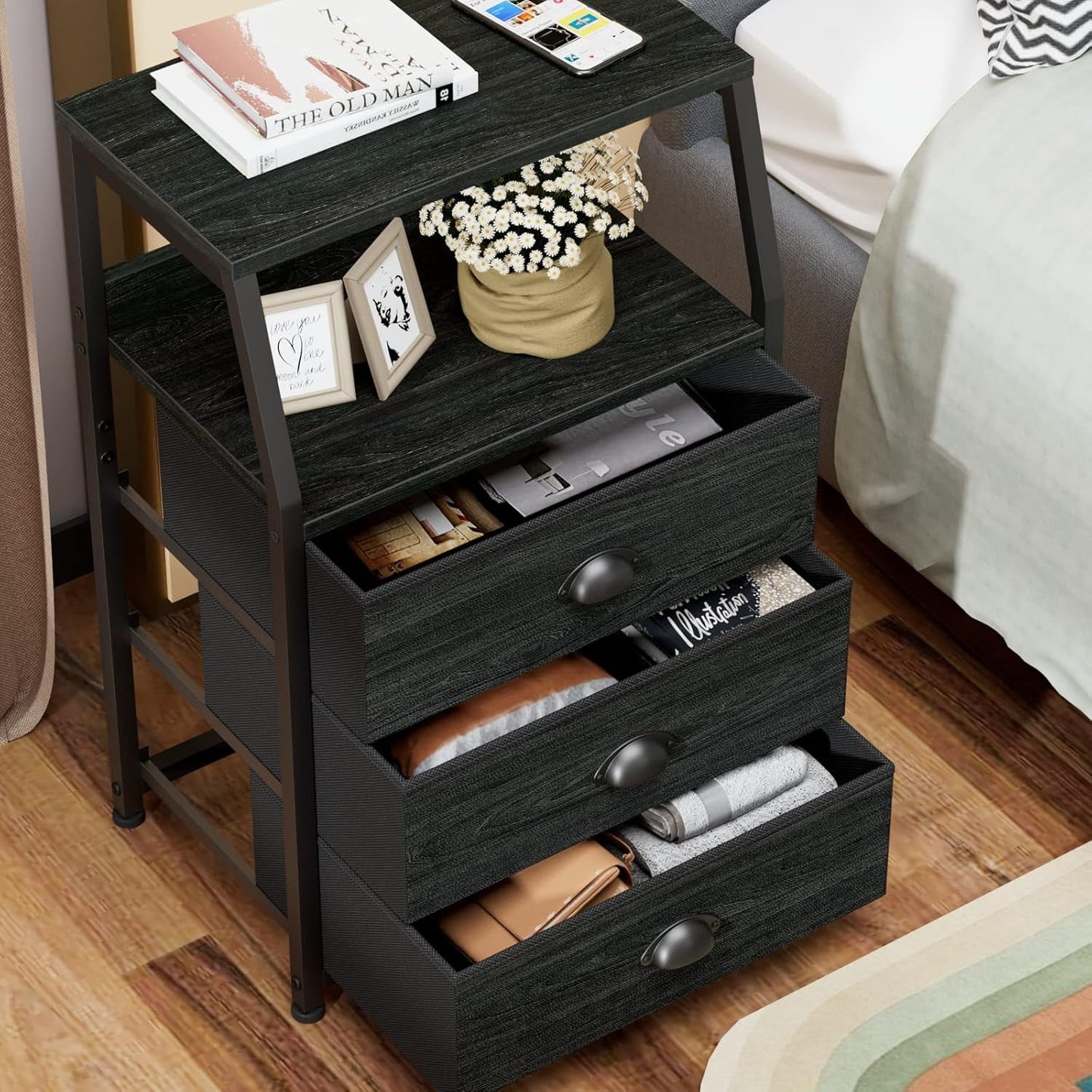 Black Night Stand With 3 Fabric Drawers And 2 Tier Shelf