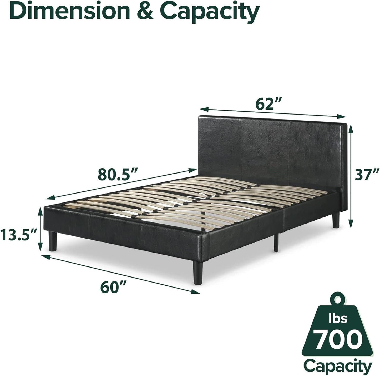 Queen Faux Leather Platform Bed Frame With Wood Slats