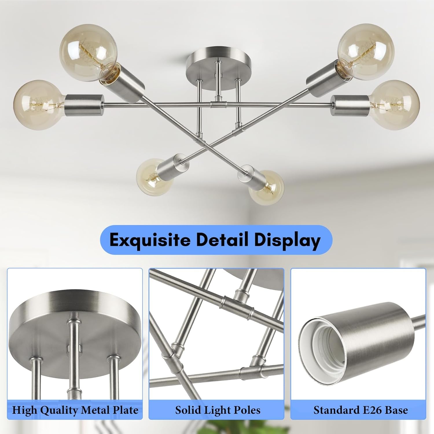Six Light Sputnik Chandelier Brushed Nickel Fixture with exquisite details and solid light poles.