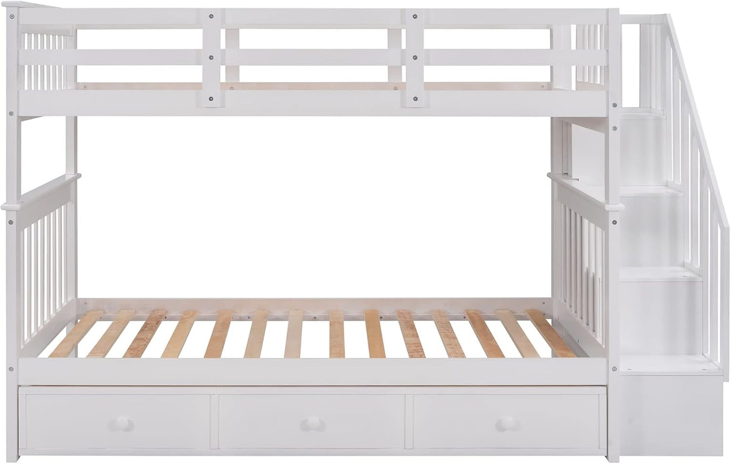 Twin Over Twin Bunk Bed With Stairs Guard Rail And Storage Drawers White