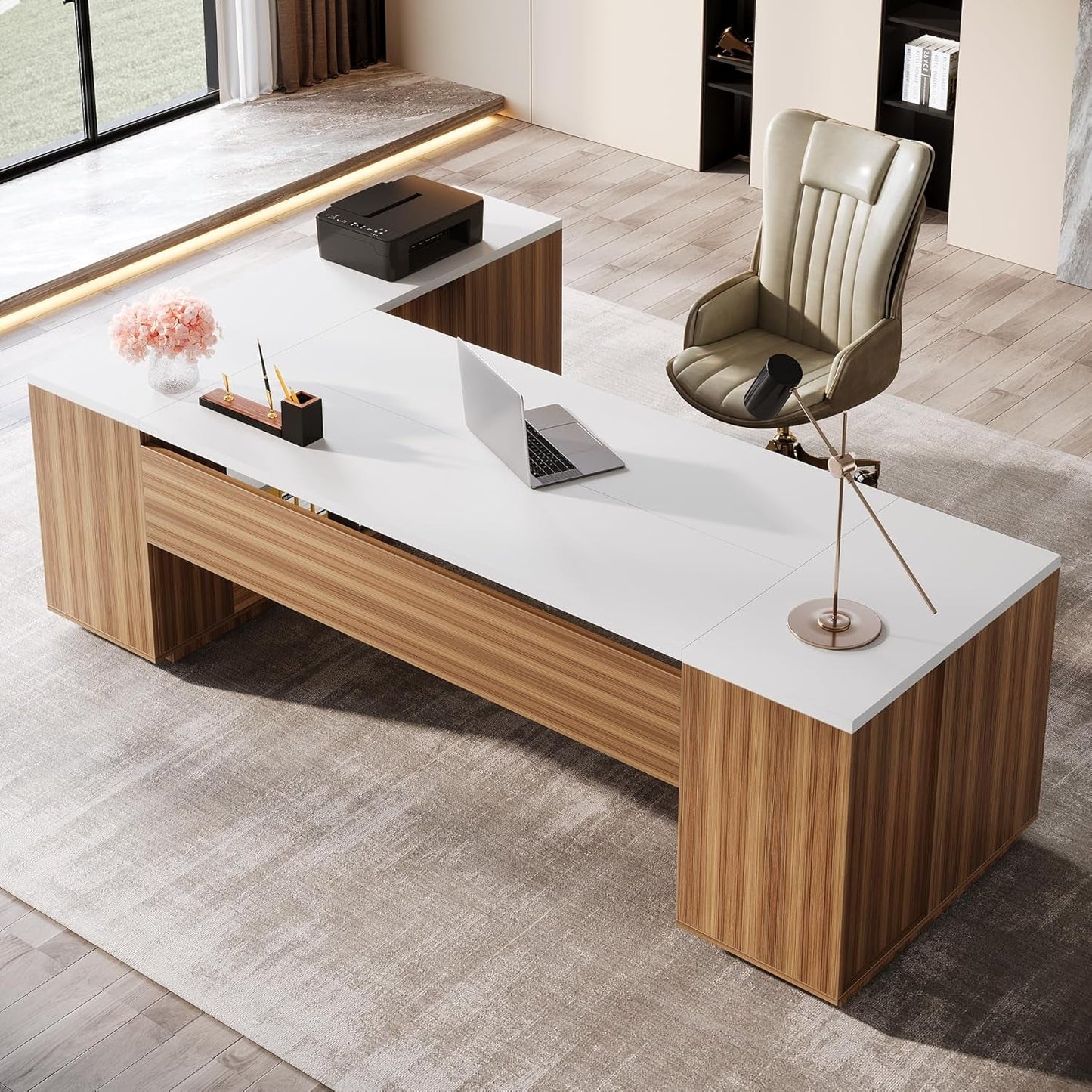 85 Point 8 Inch L-Shaped Executive Desk White Walnut Storage Cabinet