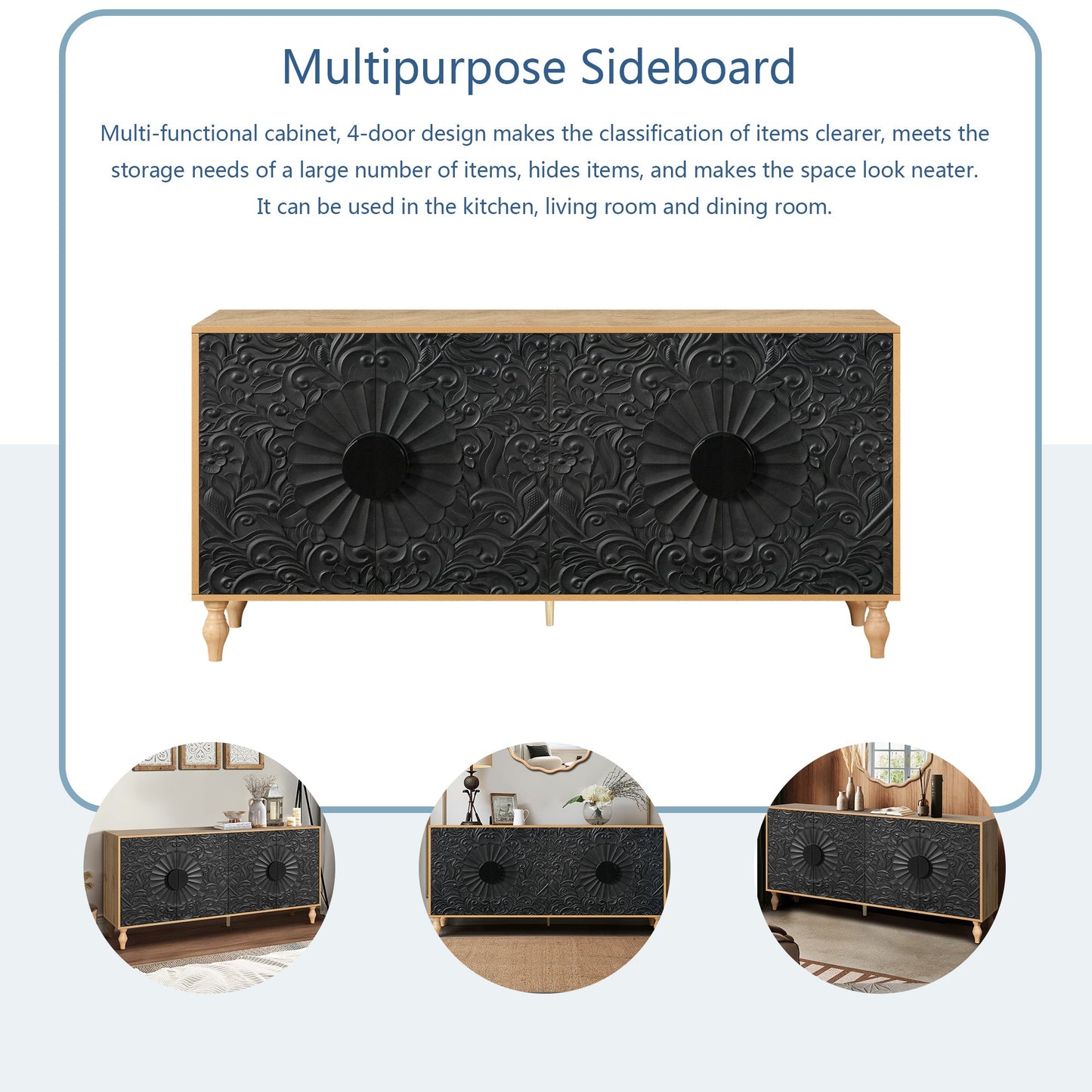 Black Carved Symmetrical Design Door And Wood Coloured Frame TV Stand