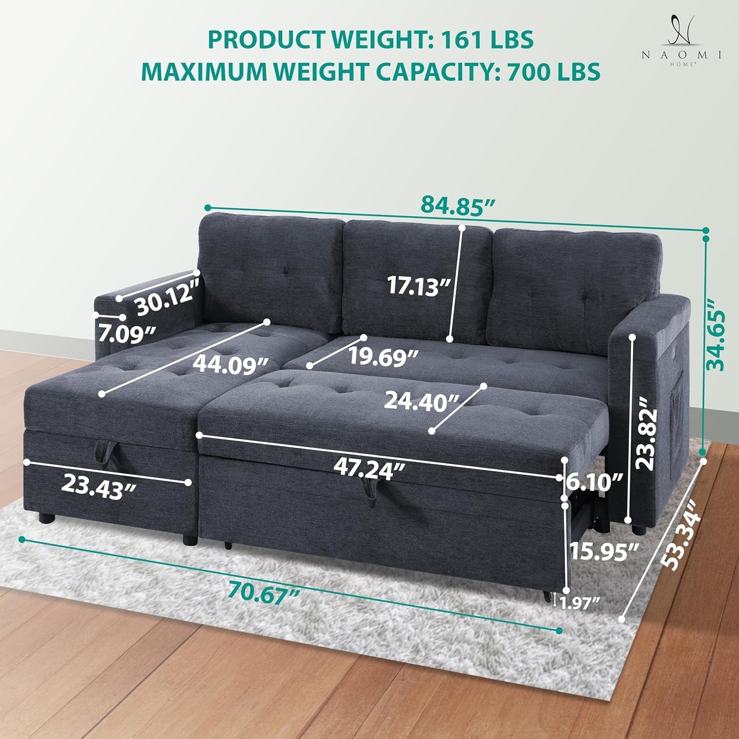 Gray Microfiber L Shape Sleeper Sofa With USB Ports Storage