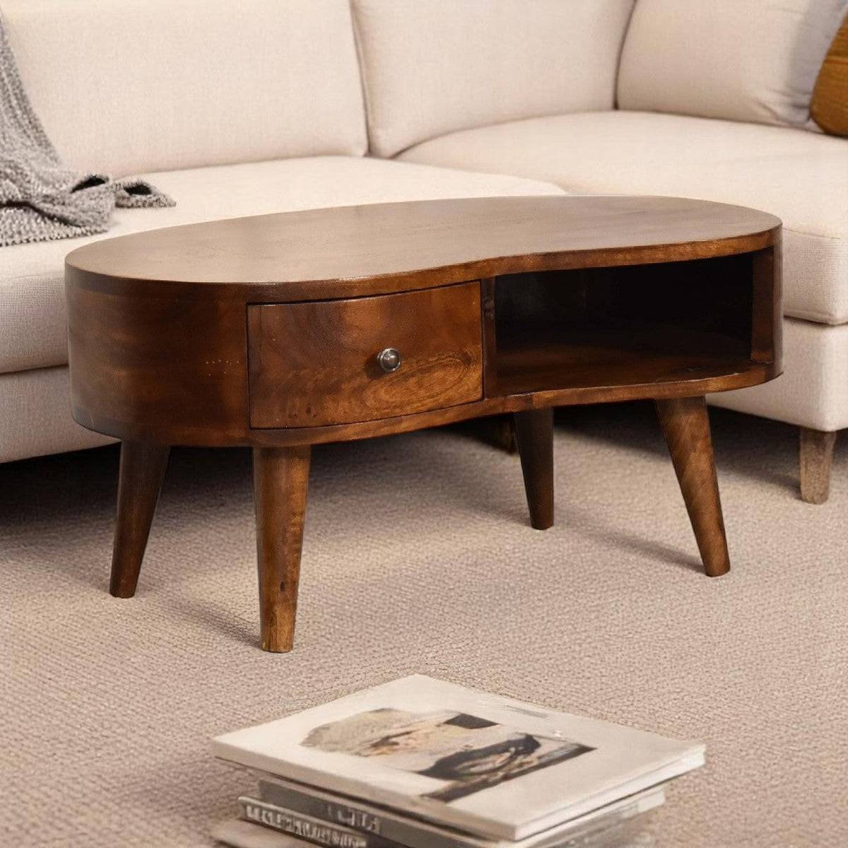 Solid Wood Mini Chestnut Wave Coffee Table, 1-Drawer, 1 Open-Shelf