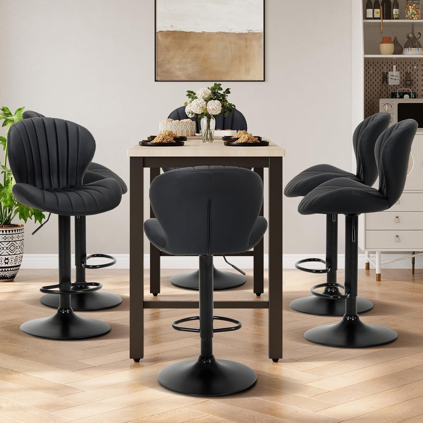 Black Adjustable Faux Leather Swivel Bar Stool Set Of Four
