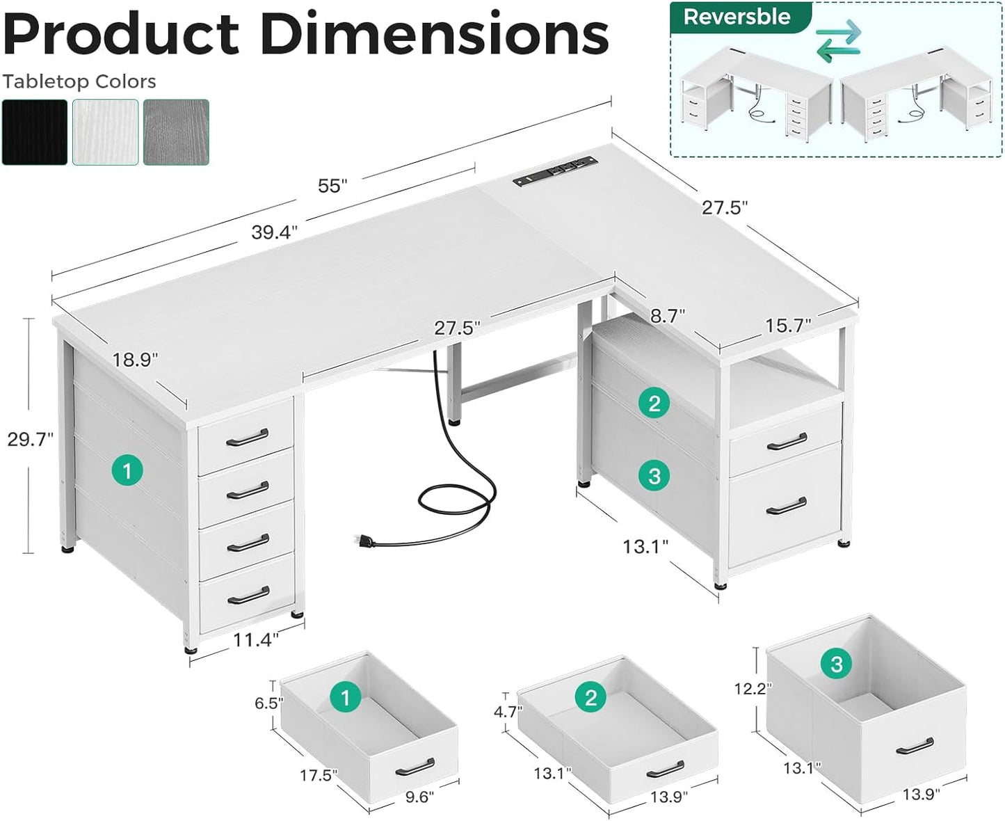L Shaped Computer Desk 6 Drawers Power Outlet 55In White