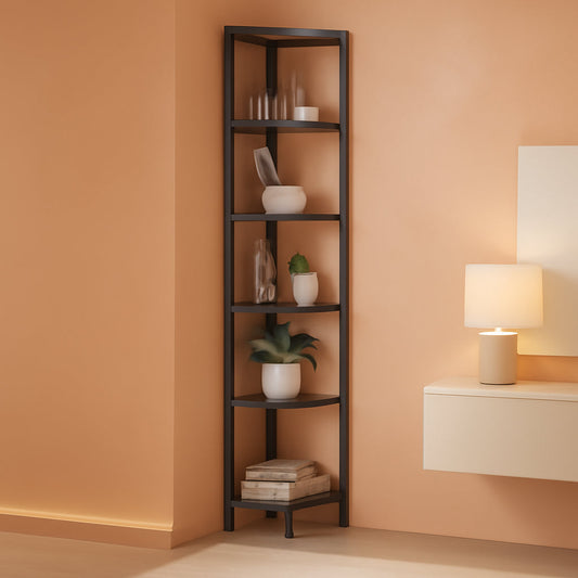 6 Tier Black Corner Shelf Stand Bookshelf For Living Room